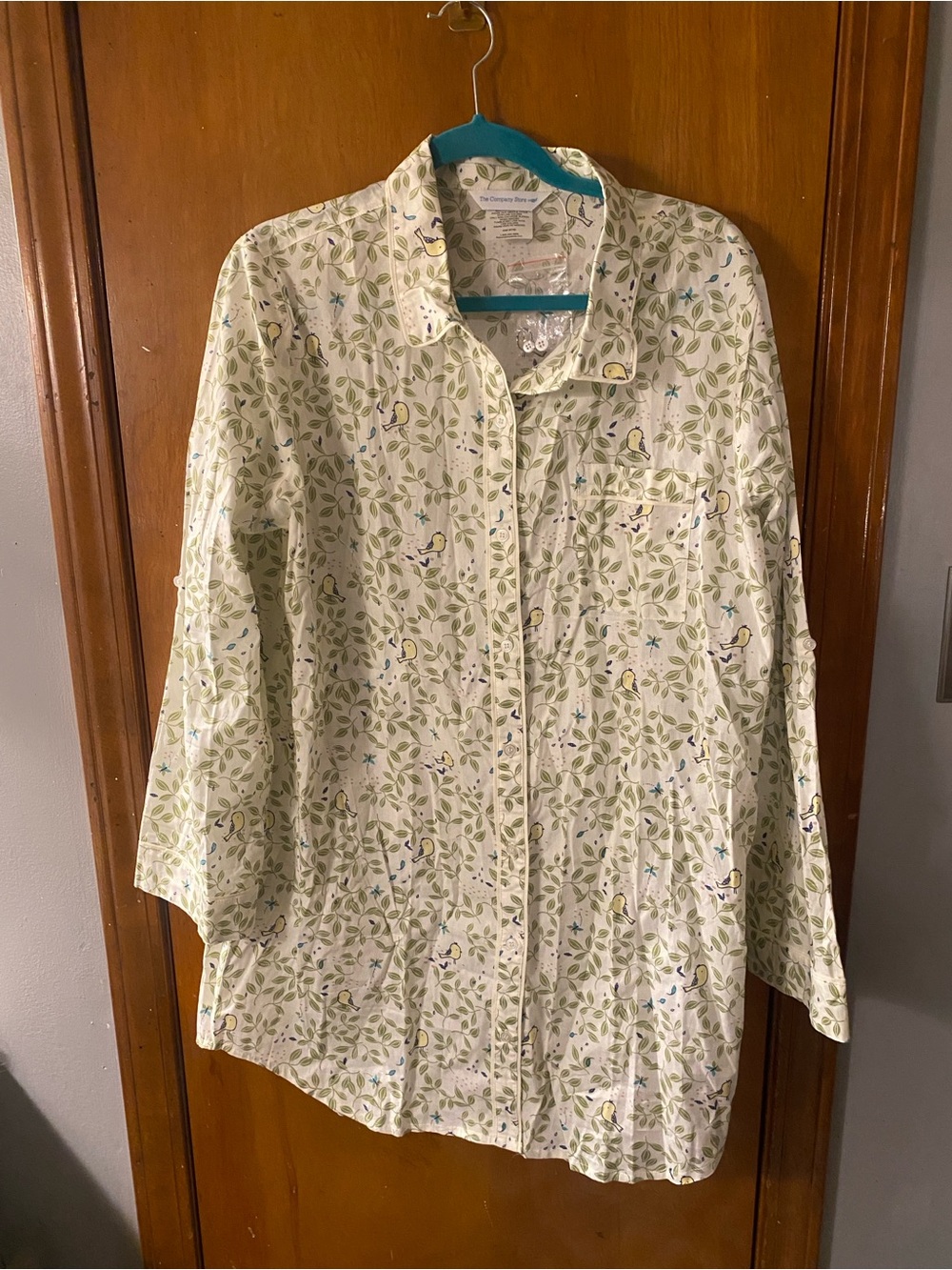 The Company Store Green Leaf & Bird Print Button-Down Sleep Shirt